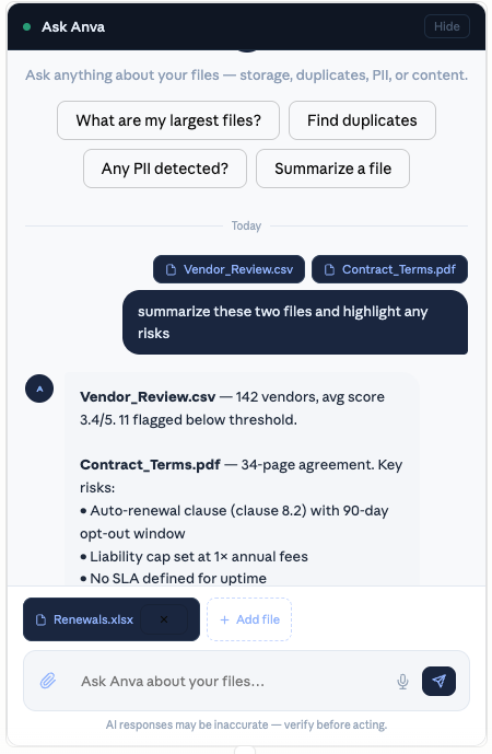 Anva private document chatbot interface analyzing selected files